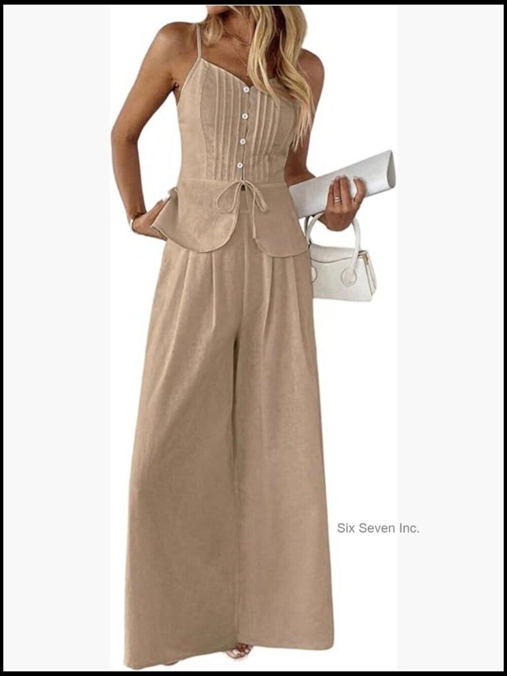 Women's 2 Piece Summer Outfit Button Down Peplum Cami Top and Wide Leg Pants Set